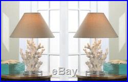 White Coral Table Lamps with Neutral Color Fabric Shades Nautical Decor Set of 2
