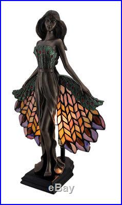 Zeckos Art Nouveau Style Woman In Peacock Dress Stained Glass Accent Lamp