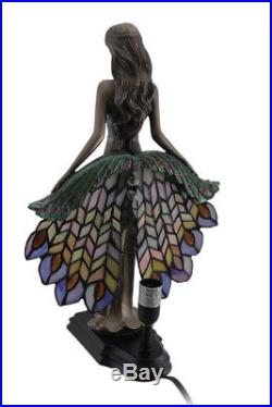 Zeckos Art Nouveau Style Woman In Peacock Dress Stained Glass Accent Lamp